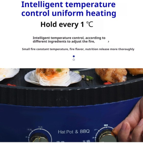 Grill Listrik dan Hot Pot Kombinasi Suhu Ganda, Tanpa Asap, untuk 2-6 Orang, Wajan Anti Lengket